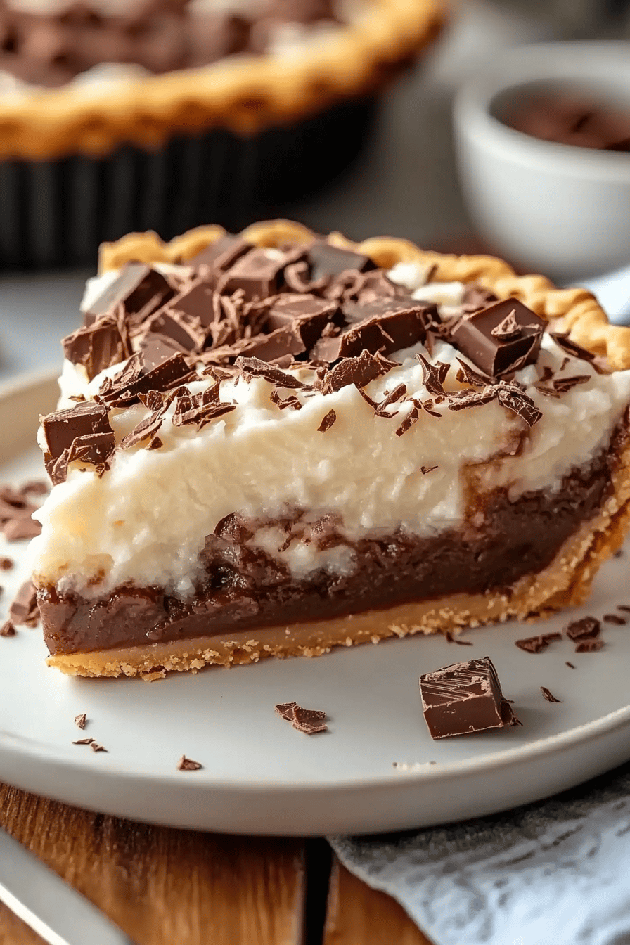 No-bake German chocolate pie slice on plate showing perfect texture and swirl pattern