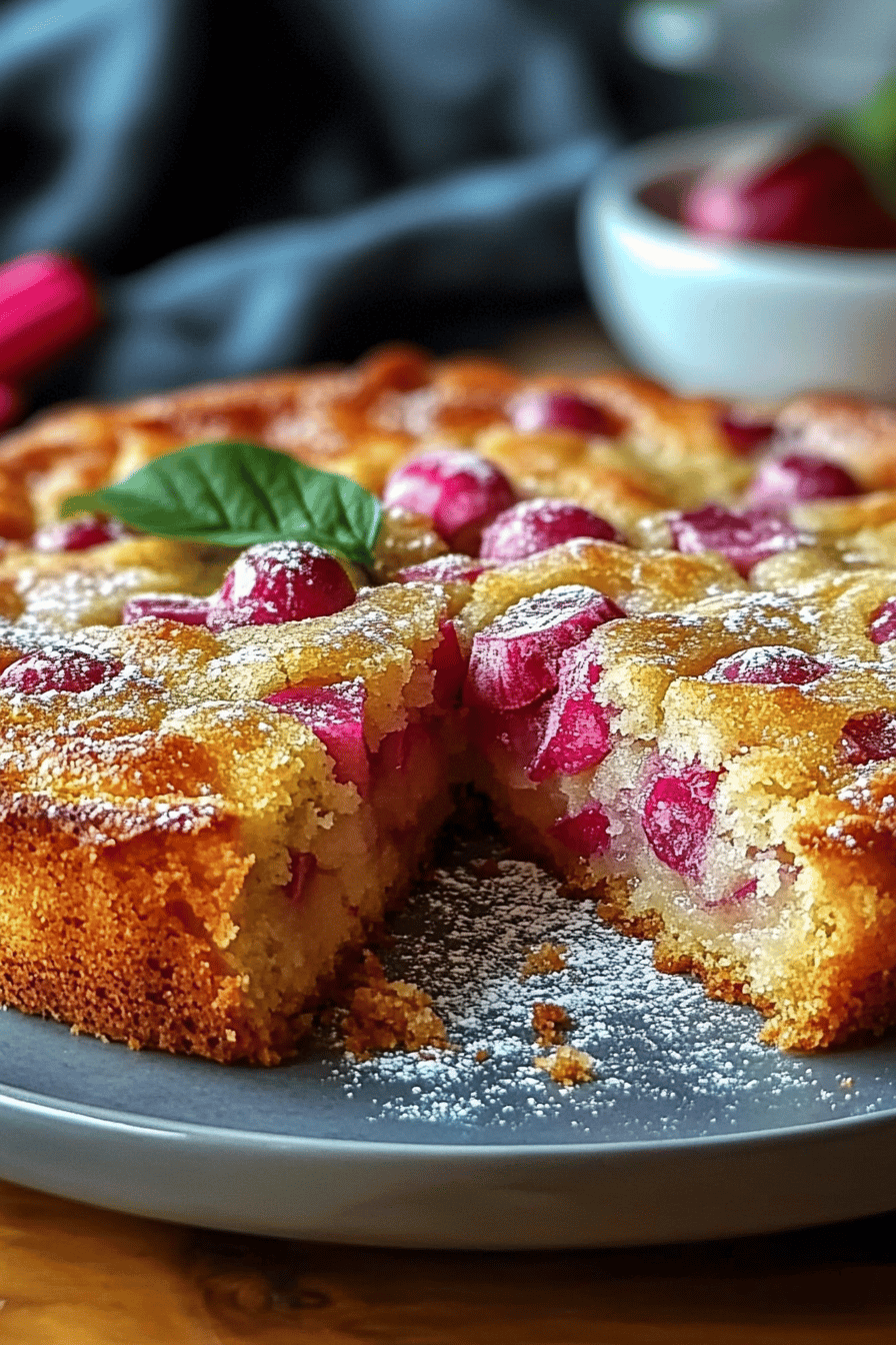 Norwegian rhubarb cake slice on plate showing perfect texture and swirl pattern