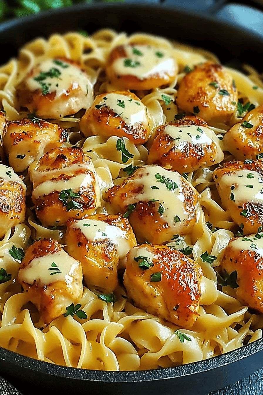 One-pan chicken noodles slice on plate showing perfect texture and swirl pattern