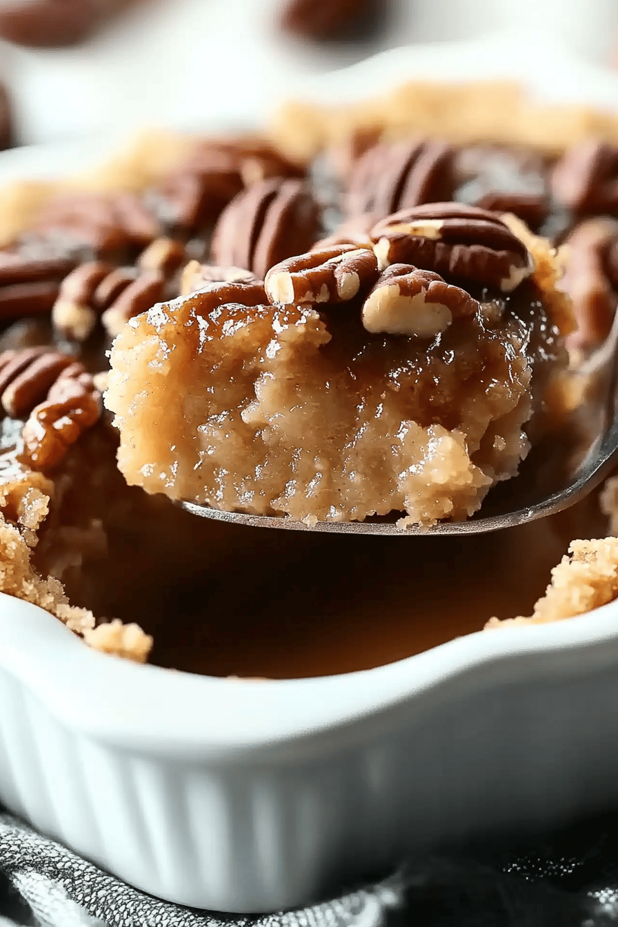 Pecan pie dump cake slice on plate showing perfect texture and swirl pattern