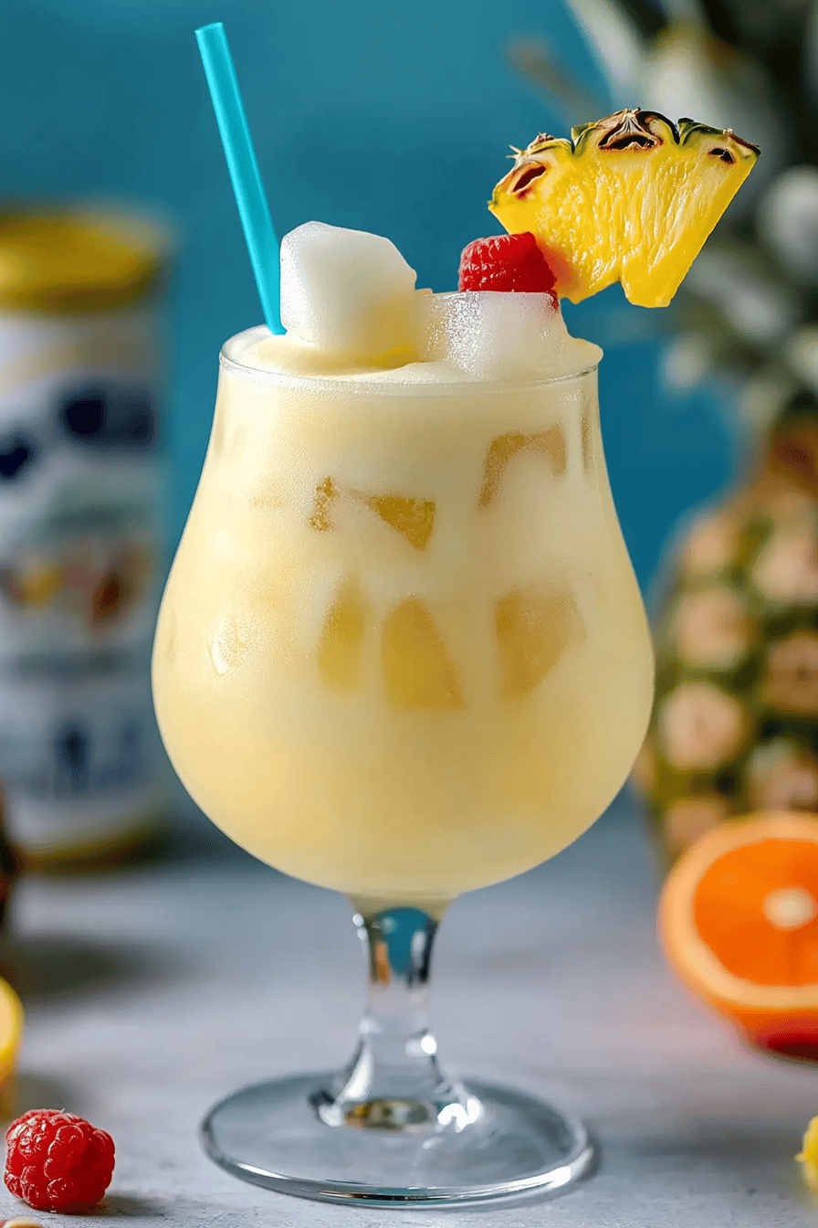 Pina colada recipe ingredients organized and measured on kitchen counter