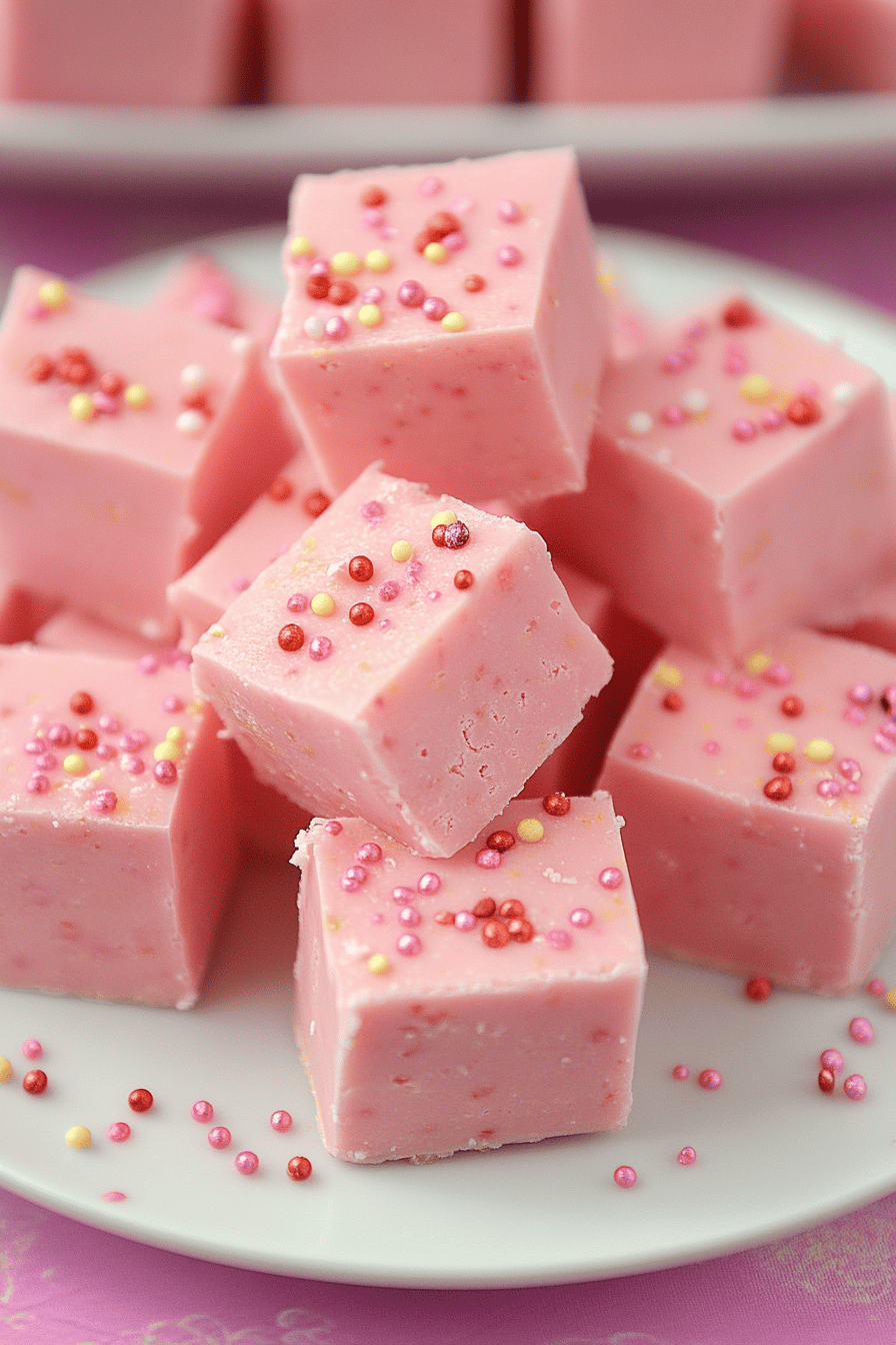 Pink Lemonade Fudge slice on plate showing perfect texture and swirl pattern