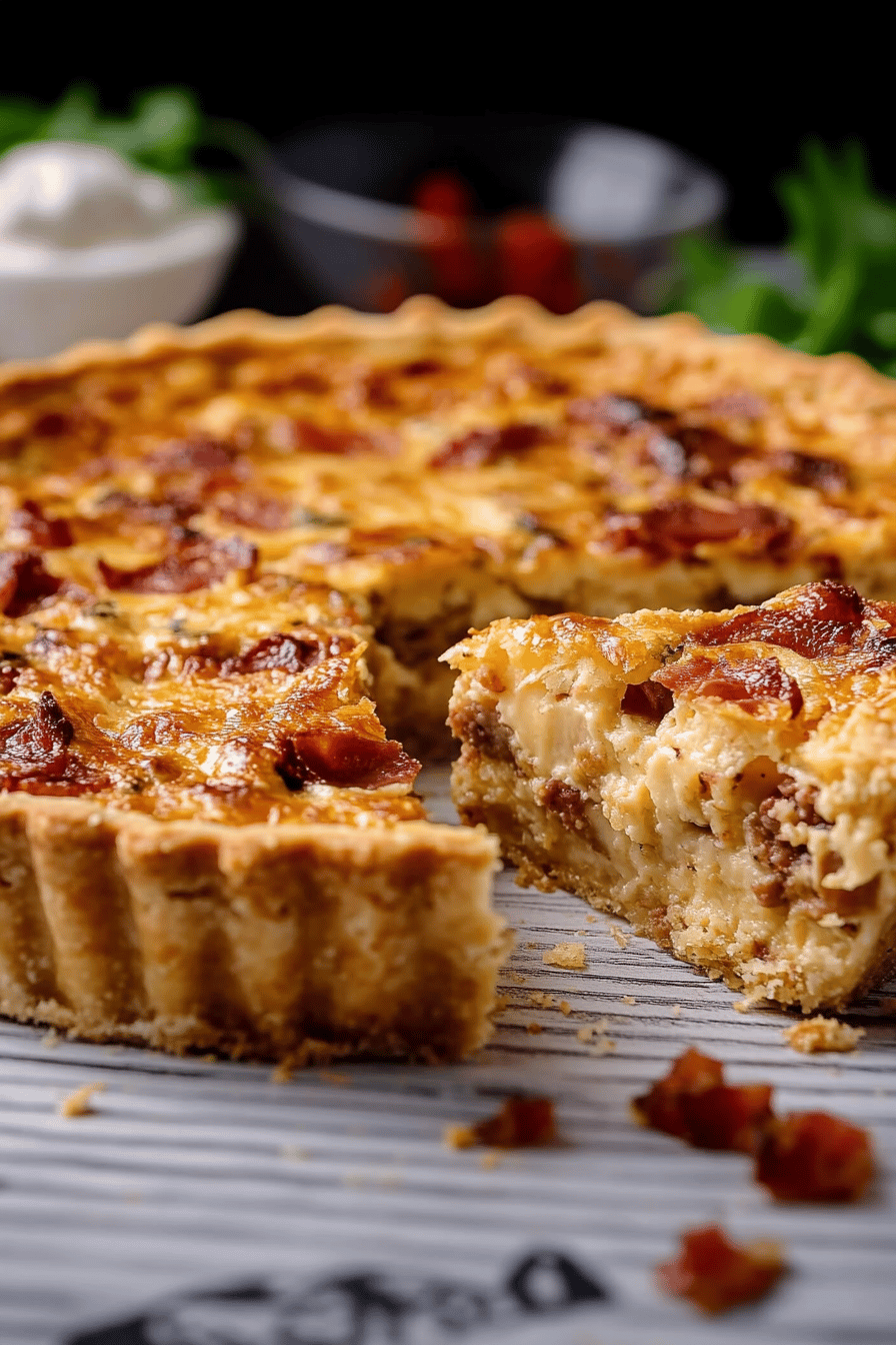 Quiche Lorraine recipe slice on plate showing perfect texture and swirl pattern