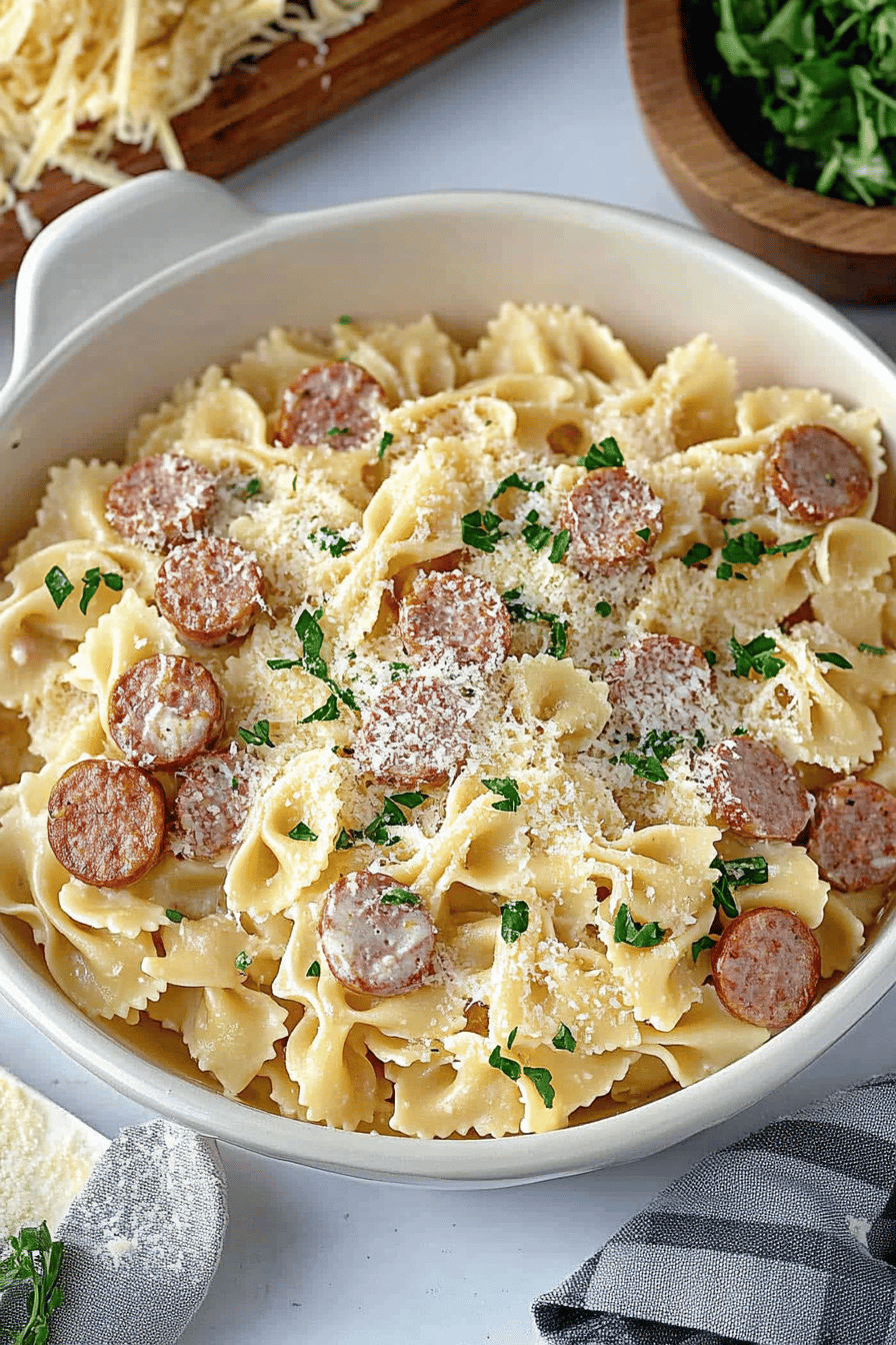 Sausage Alfredo Pasta ingredients organized and measured on kitchen counter