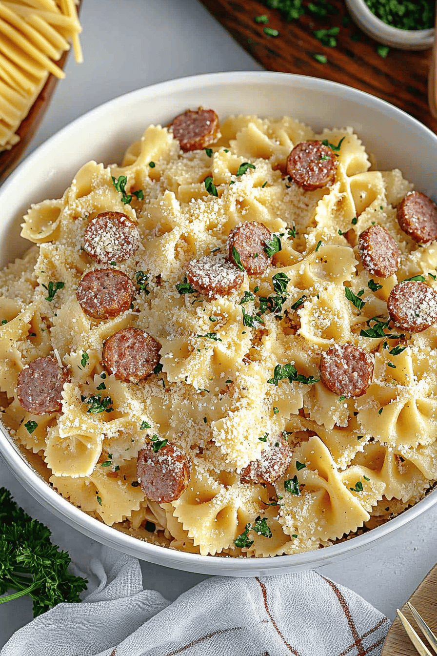 Sausage Alfredo Pasta slice on plate showing perfect texture and swirl pattern