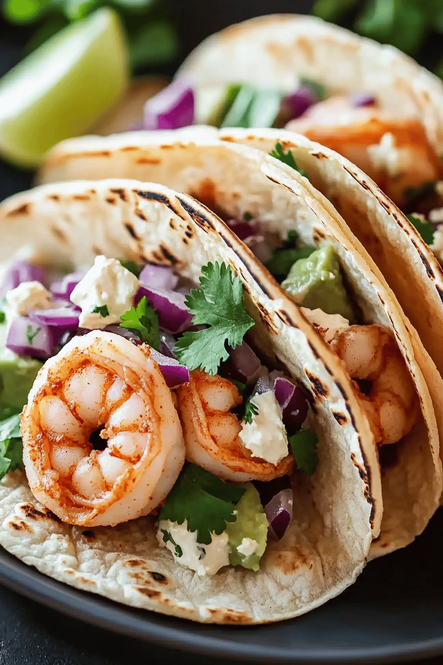 Shrimp tacos recipe ingredients organized and measured on kitchen counter