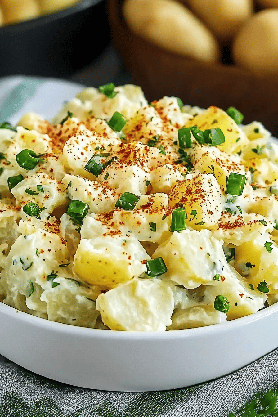 Southern potato salad slice on plate showing perfect texture and swirl pattern