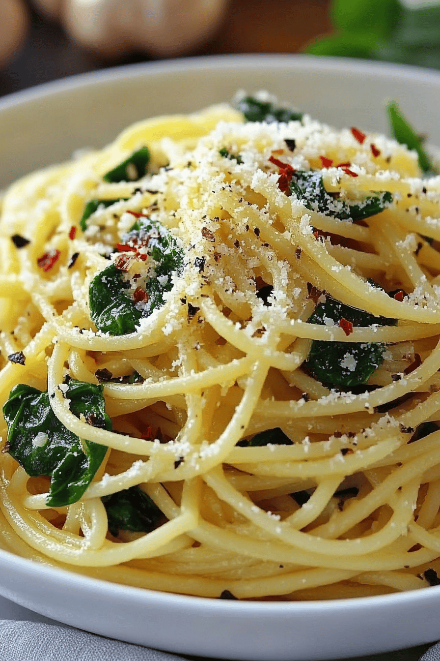 Spaghetti garlic spinach ingredients organized and measured on kitchen counter
