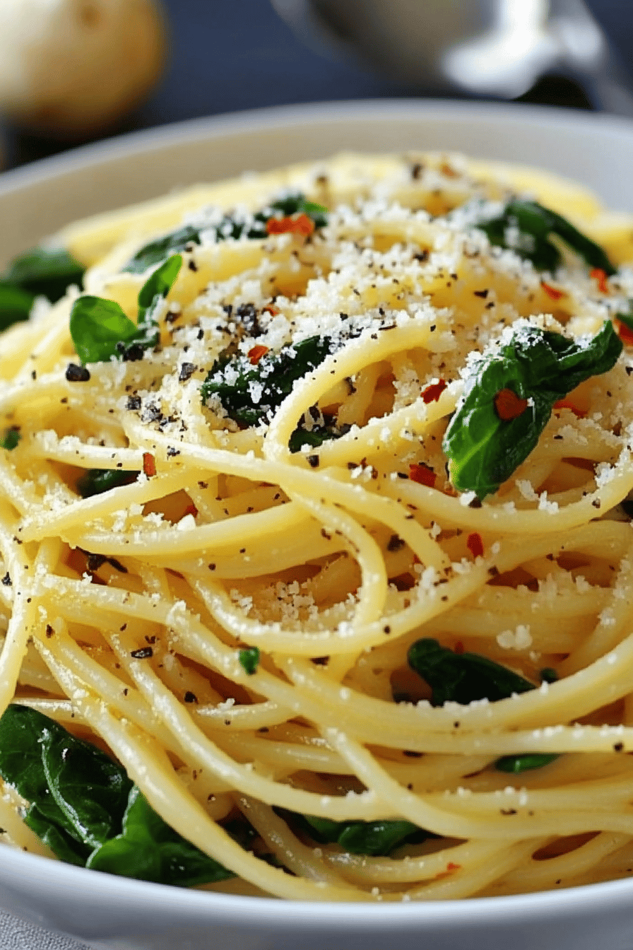 Spaghetti garlic spinach slice on plate showing perfect texture and swirl pattern
