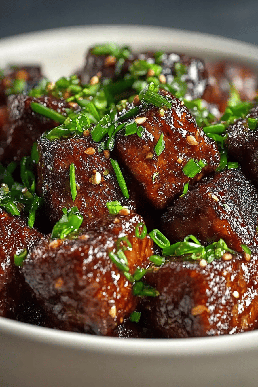 Steak bites slice on plate showing perfect texture and swirl pattern