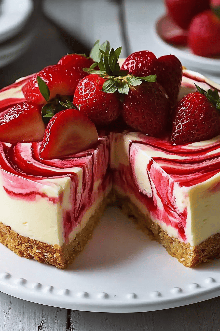 Strawberry swirl cheesecake slice on plate showing perfect texture and swirl pattern