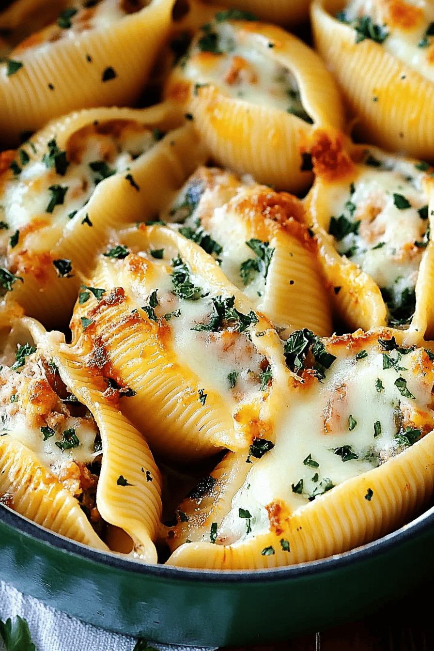 Stuffed shells recipe slice on plate showing perfect texture and swirl pattern