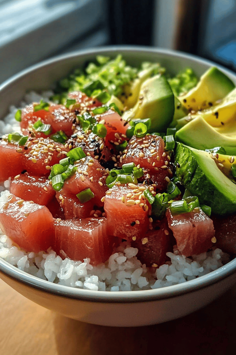Tuna poke bowl ingredients organized and measured on kitchen counter