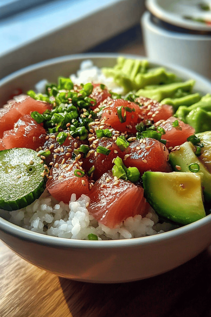 Tuna poke bowl slice on plate showing perfect texture and swirl pattern