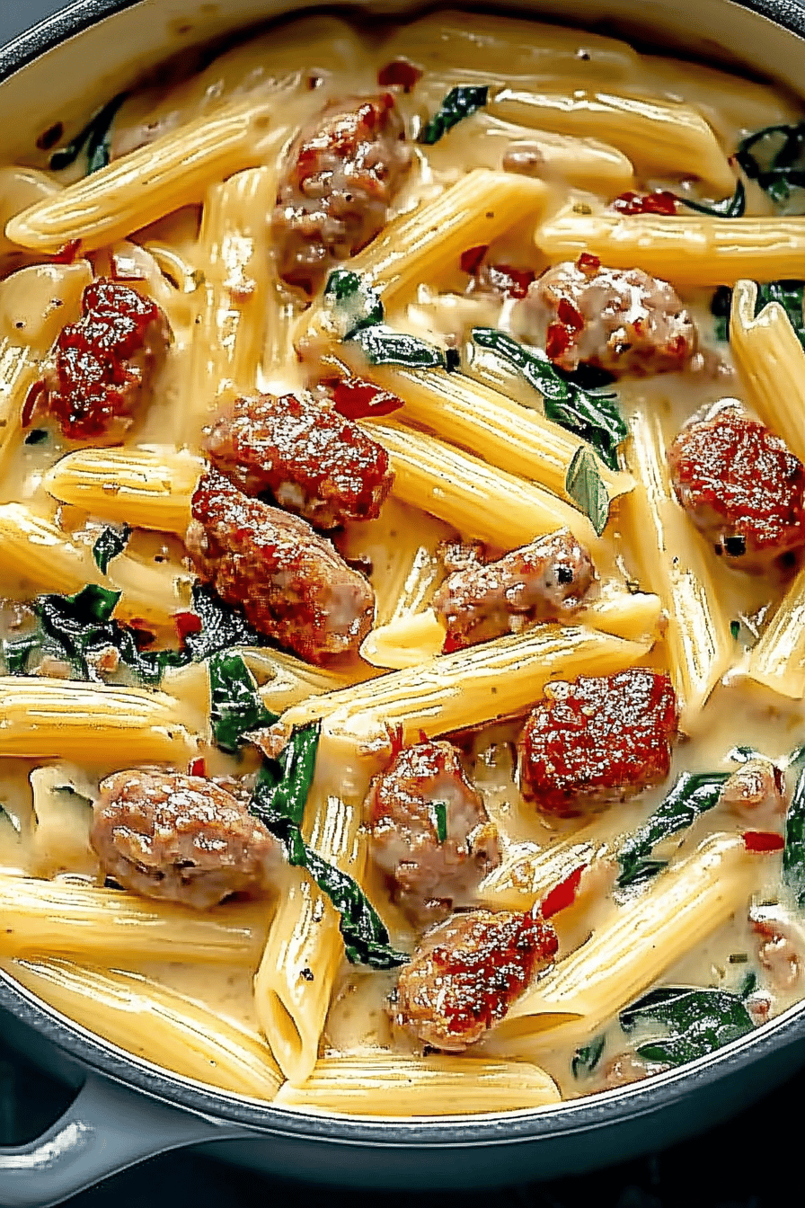 Tuscan sausage pasta slice on plate showing perfect texture and swirl pattern