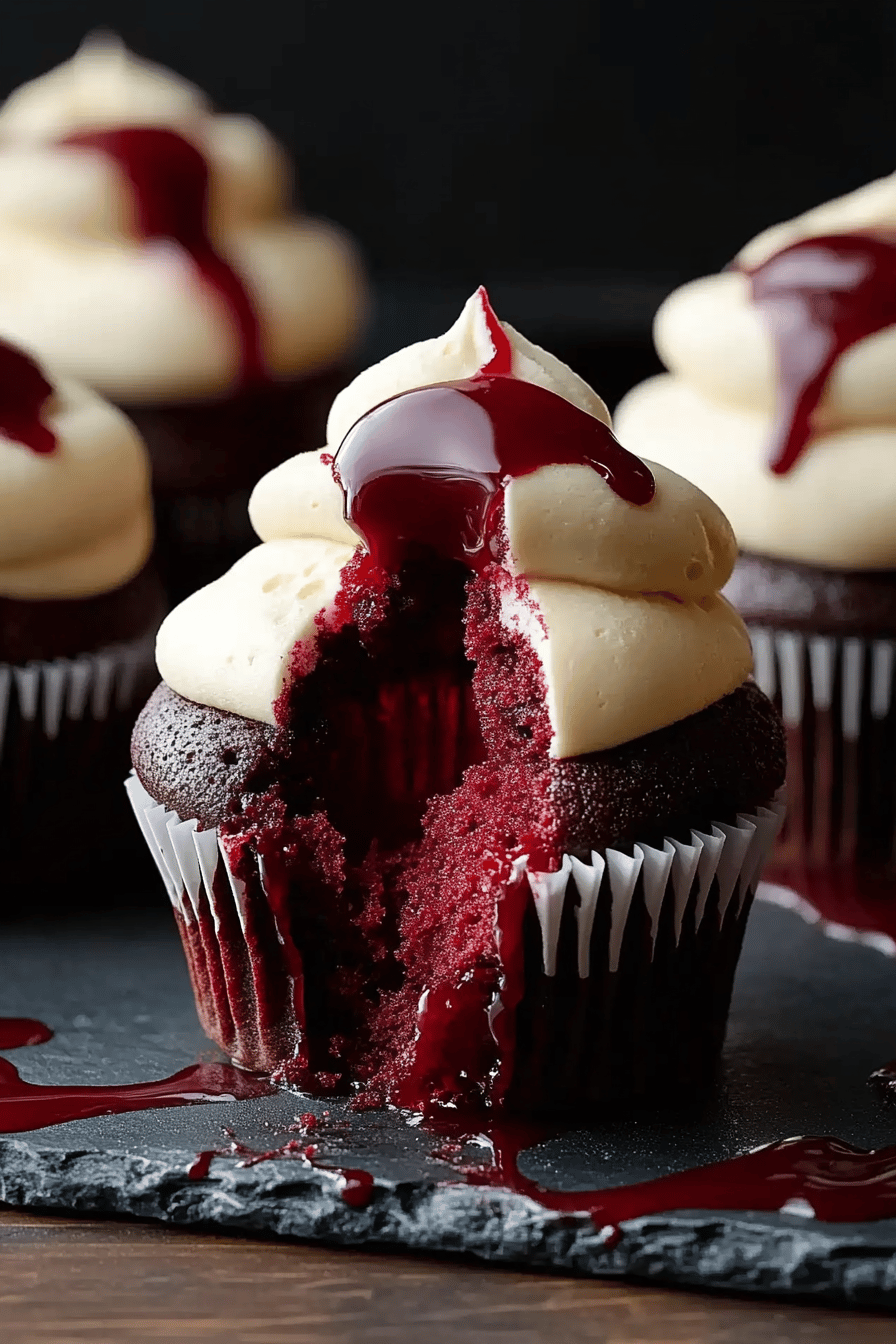 Vampire bite cupcakes slice on plate showing perfect texture and swirl pattern