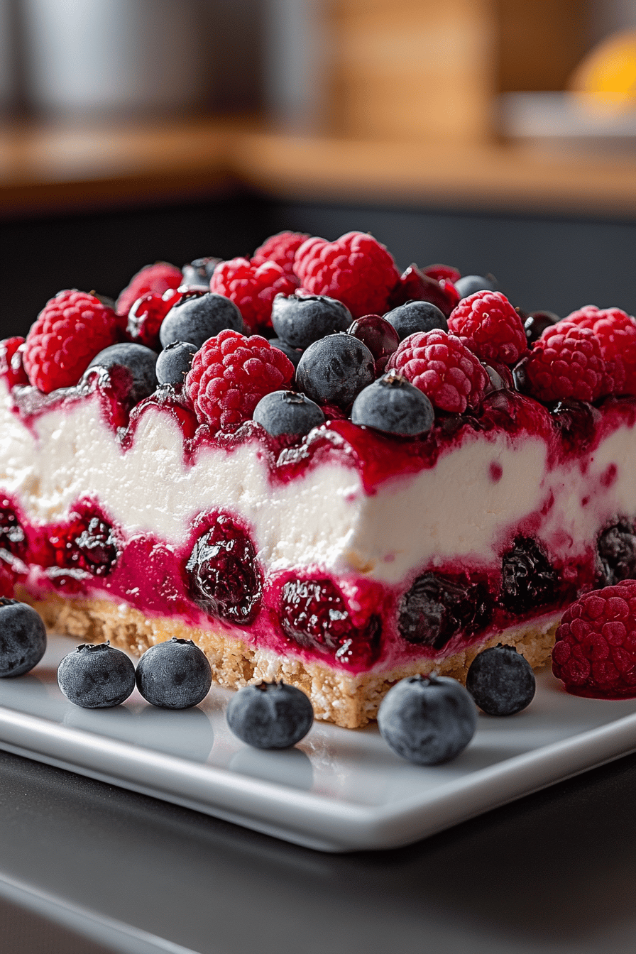 berry jello lasagna slice on plate showing perfect texture and swirl pattern