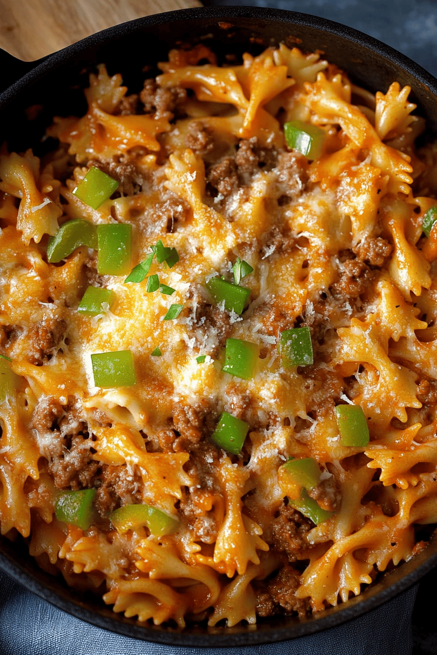 cheeseburger pasta ingredients organized and measured on kitchen counter