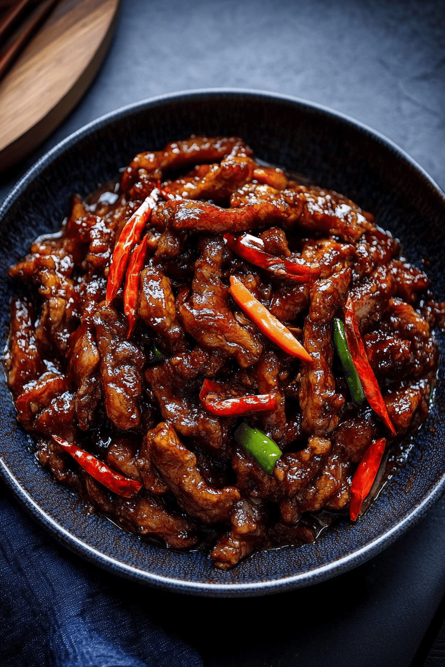 chilli beef slice on plate showing perfect texture and swirl pattern
