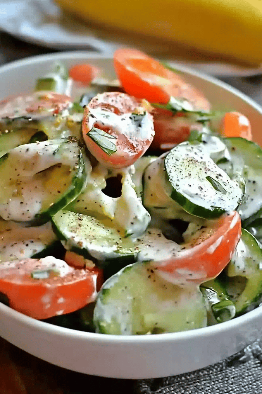 cucumber tomato salad slice on plate showing perfect texture and swirl pattern