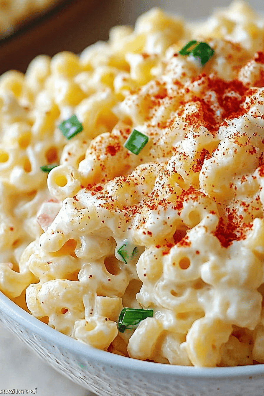 deviled egg macaroni salad ingredients organized and measured on kitchen counter