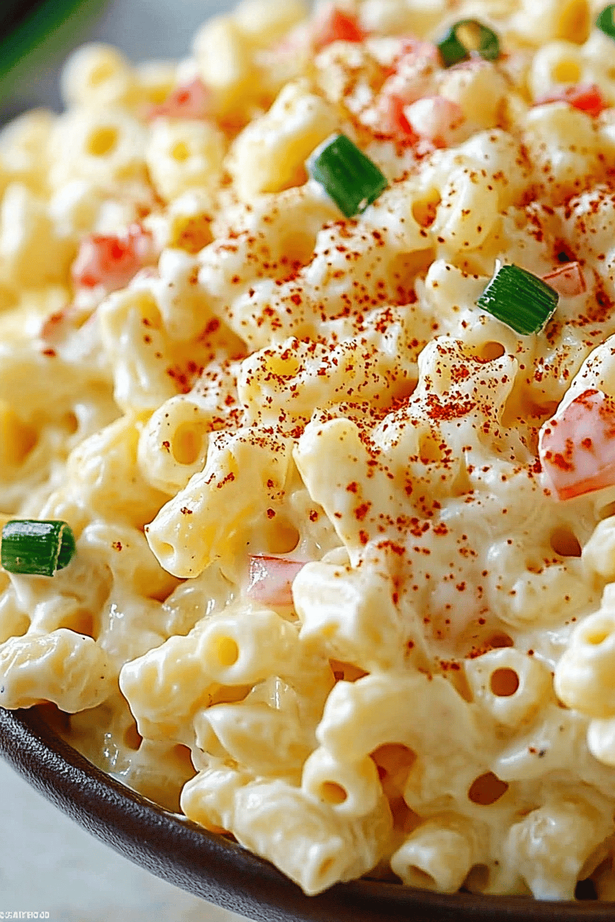 deviled egg macaroni salad slice on plate showing perfect texture and swirl pattern