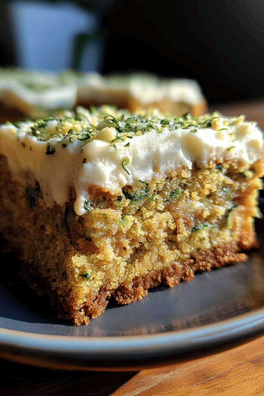 frosted zucchini bars slice on plate showing perfect texture and swirl pattern