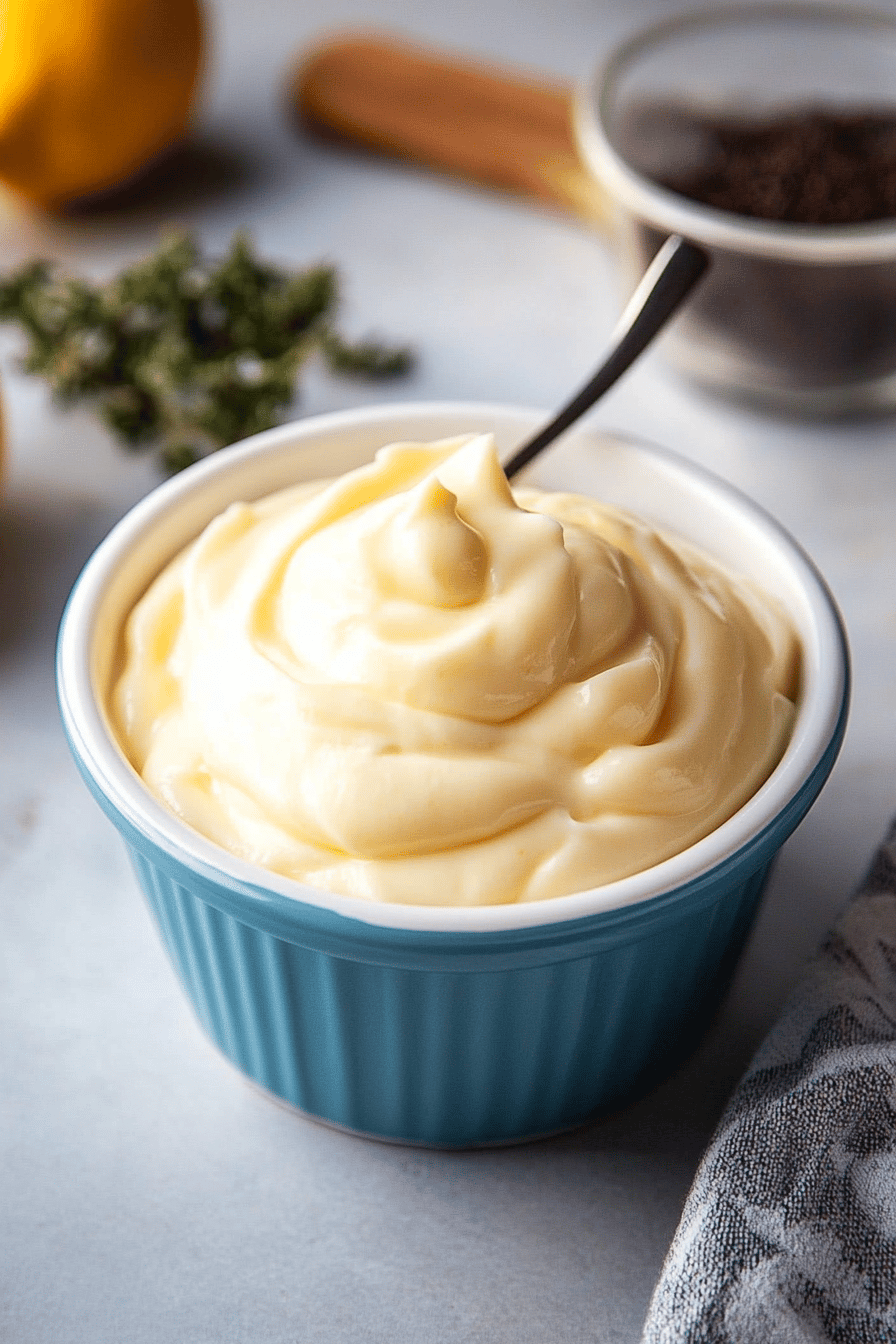 homemade mayonnaise ingredients organized and measured on kitchen counter