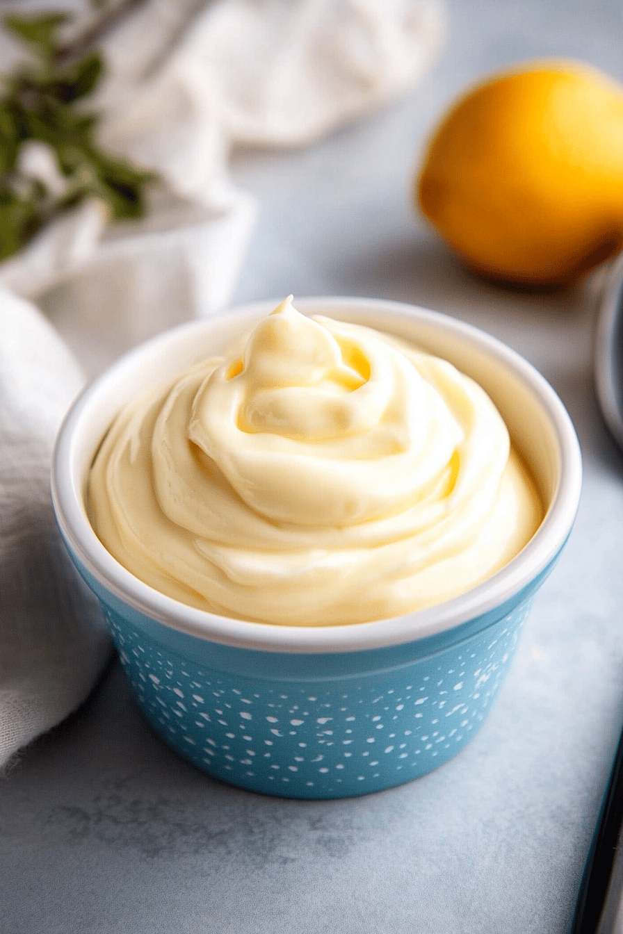 homemade mayonnaise slice on plate showing perfect texture and swirl pattern