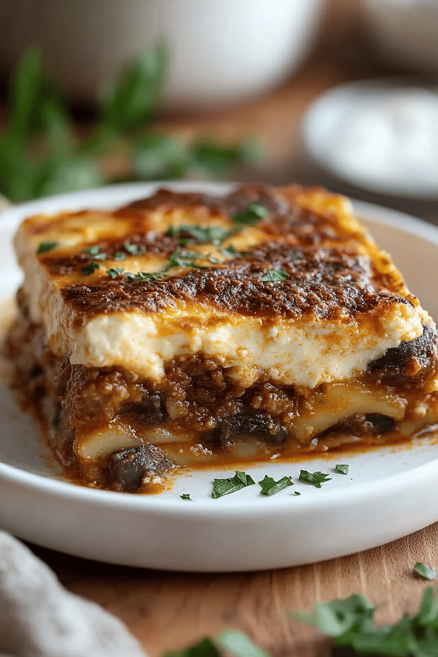 layered moussaka bechamel slice on plate showing perfect texture and swirl pattern