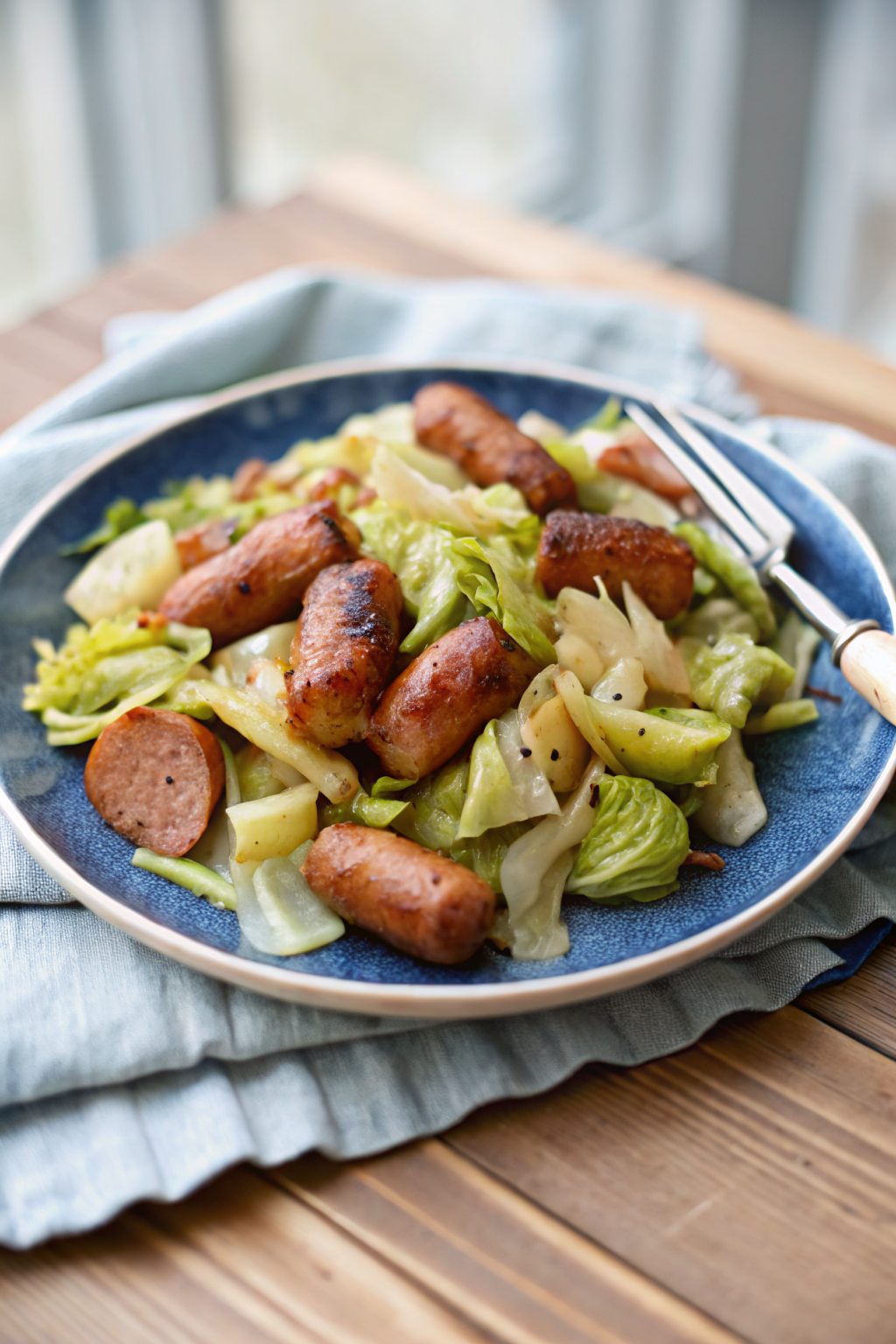 Cabbage Sausage Skillet beautifully presented from an overhead angle