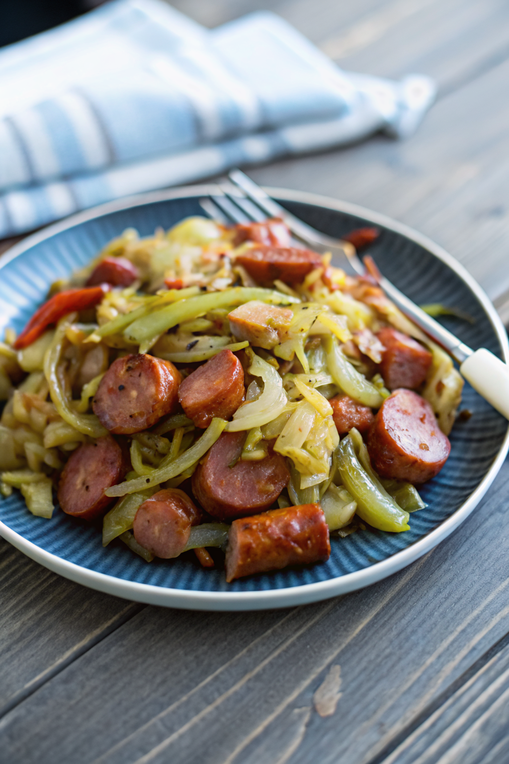Cabbage Sausage Skillet slice on plate showing perfect texture and swirl pattern