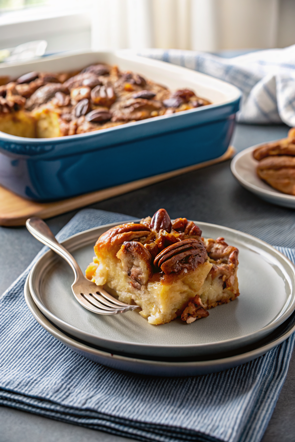 Caramel Pecan Breakfast Casserole beautifully presented from an overhead angle