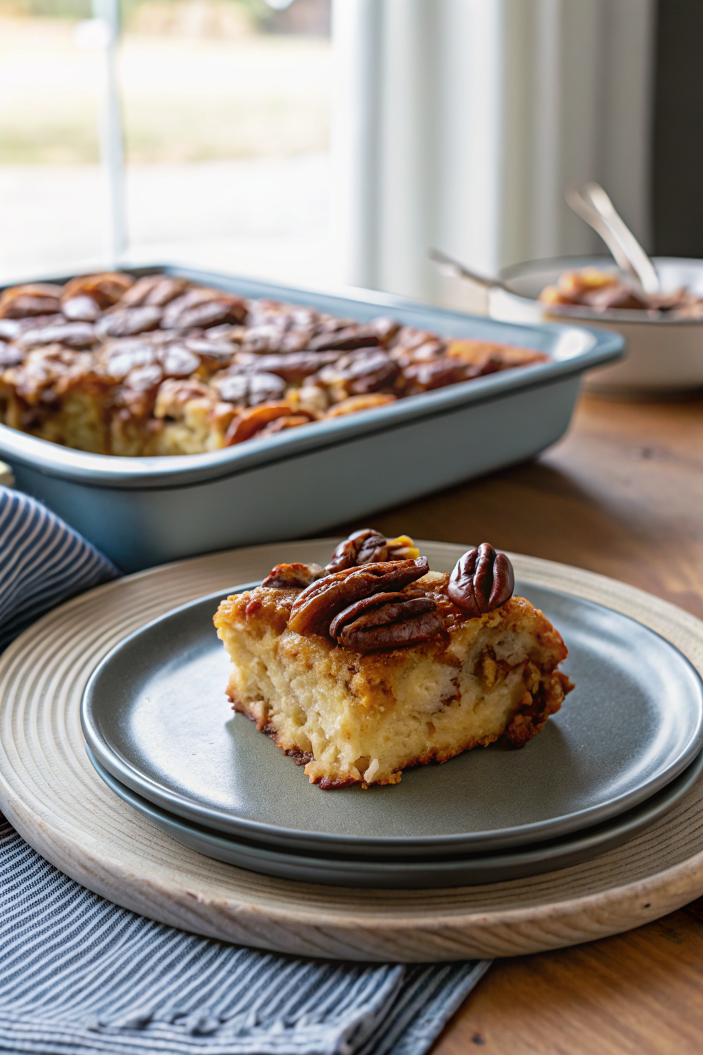 Caramel Pecan Breakfast Casserole slice on plate showing perfect texture and swirl pattern