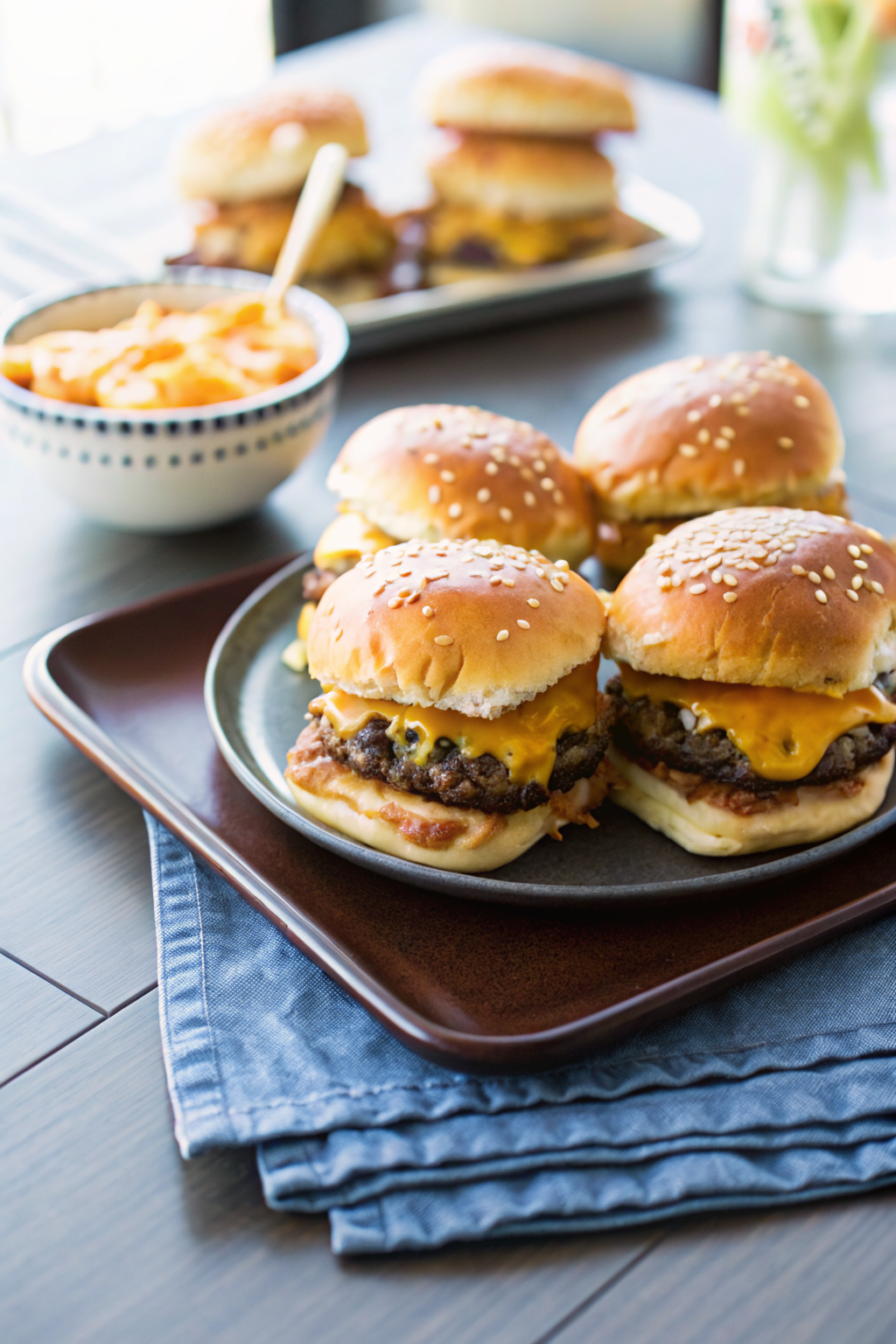 Cheeseburger Sliders beautifully presented from an overhead angle