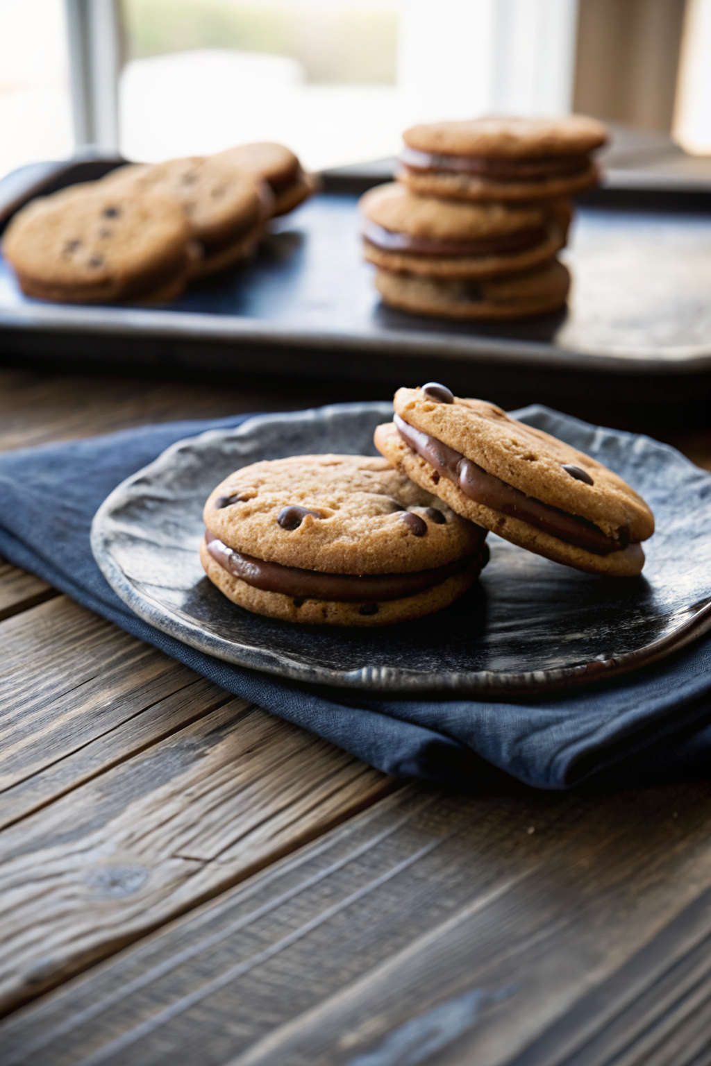 Chocolate Chip Cookie Sandwiches with Nutella beautifully presented from an overhead angle