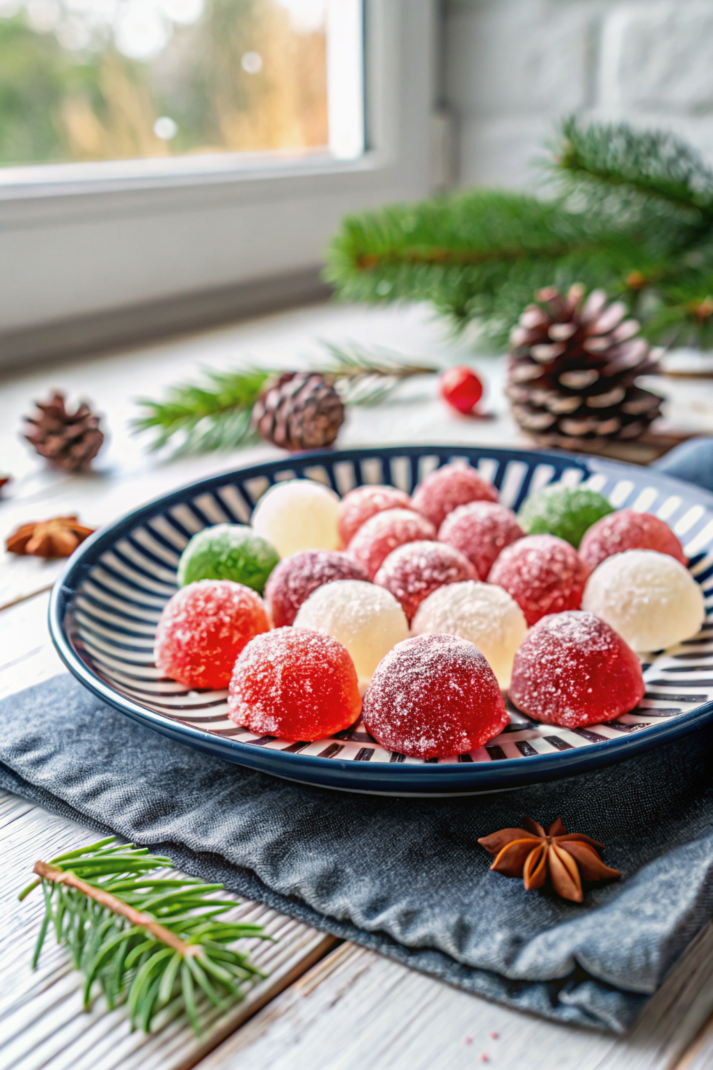 Christmas Jello Balls beautifully presented from an overhead angle