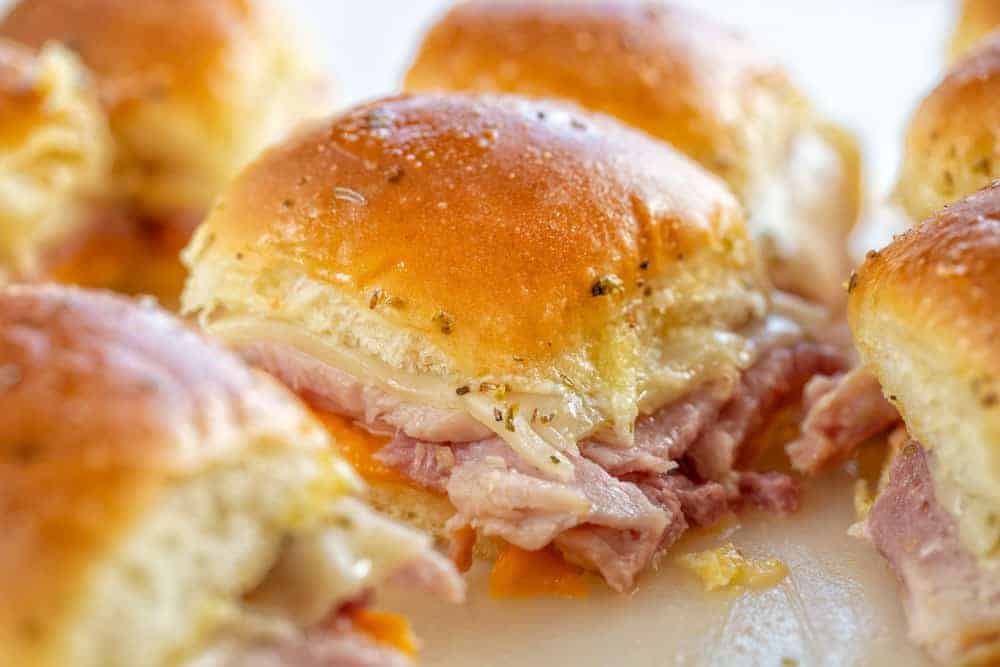 Ham and Cheese Sliders beautifully presented from an overhead angle