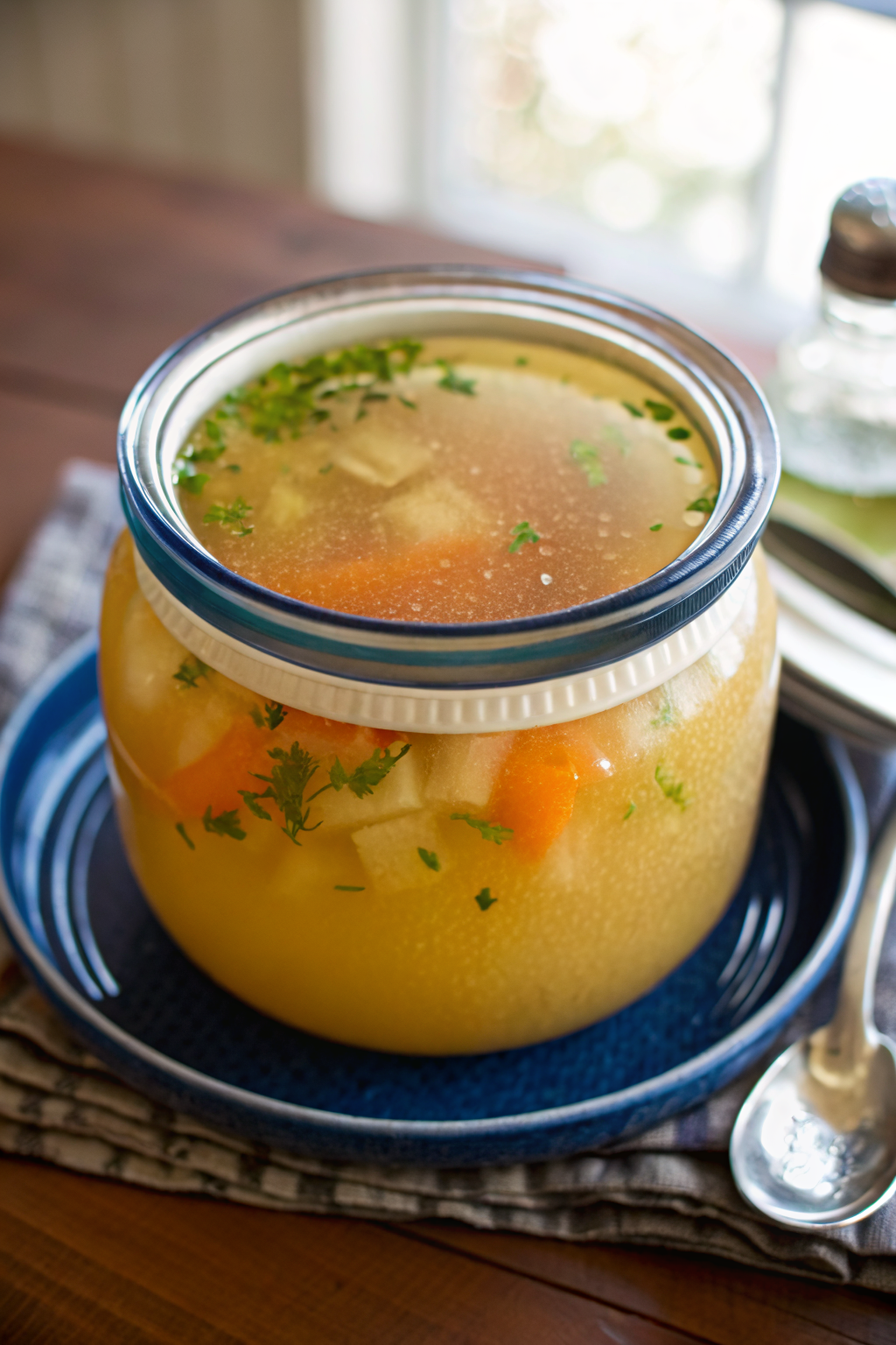 Homemade Chicken Broth beautifully presented from an overhead angle