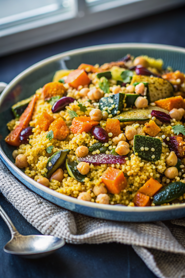 Moroccan Couscous Roasted Vegetables Chick Peas Almonds