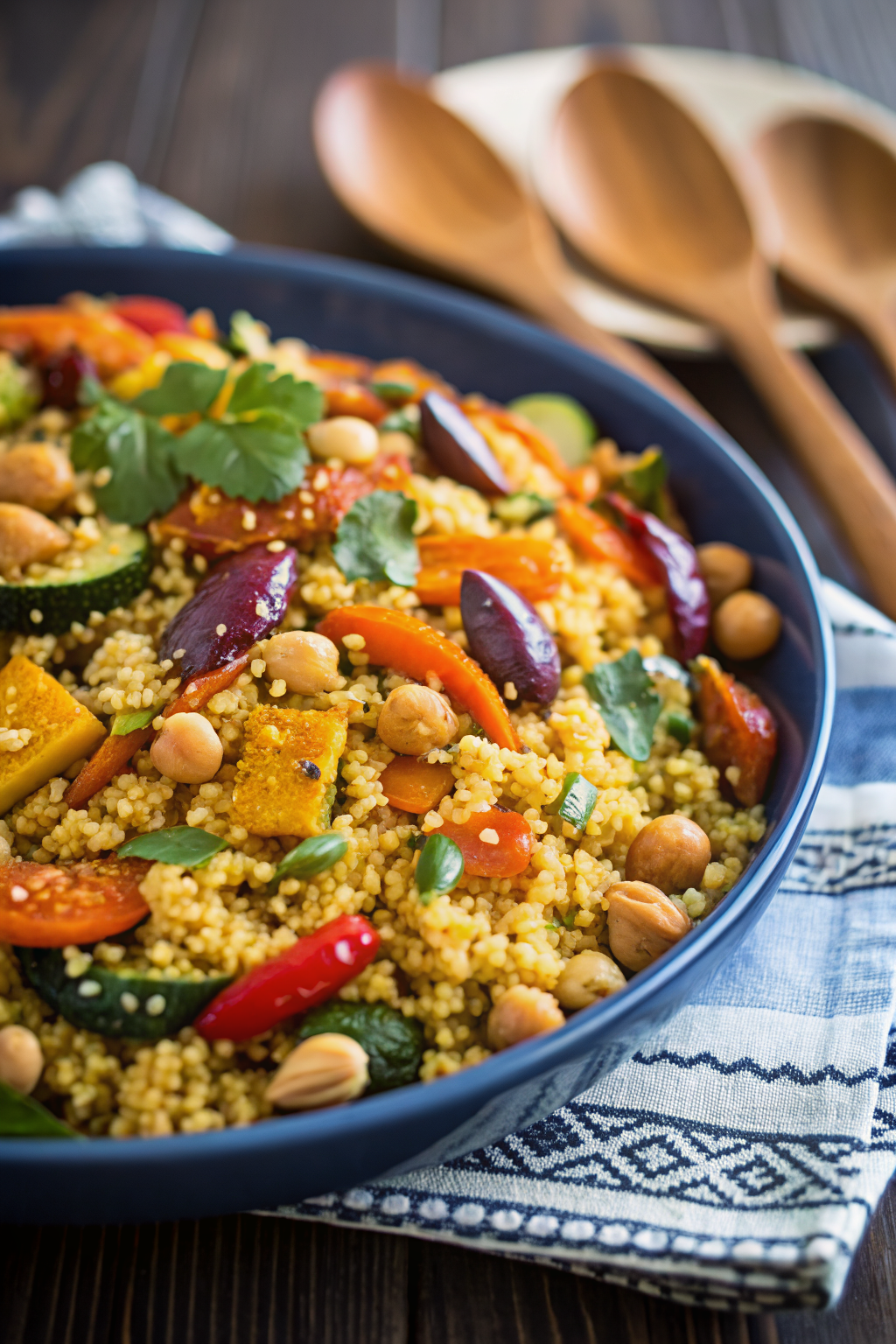 Moroccan Couscous with Roasted Vegetables ingredients organized and measured on kitchen counter