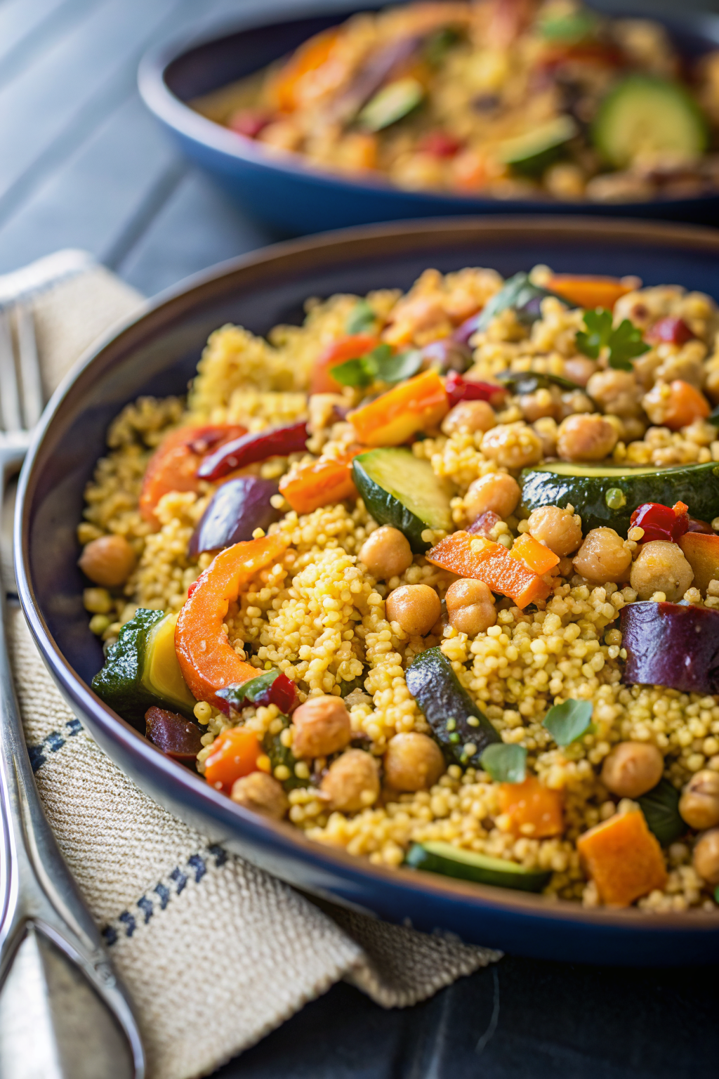 Moroccan Couscous with Roasted Vegetables slice on plate showing perfect texture and swirl pattern