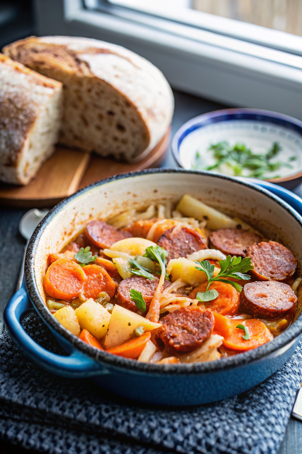 Dublin Coddle beautifully presented from an overhead angle