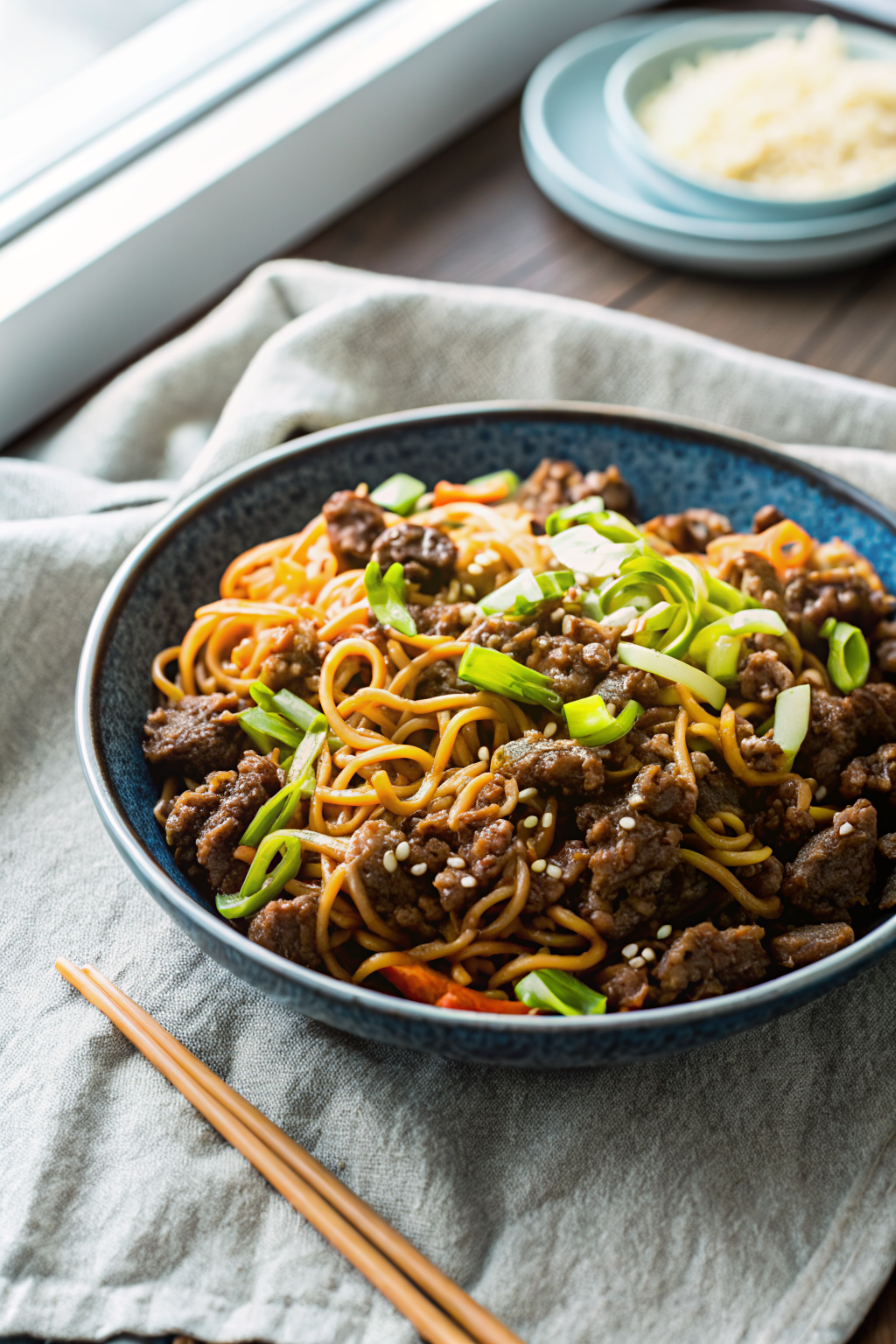 One-Pot Ground Beef Ramen Noodles beautifully presented from an overhead angle