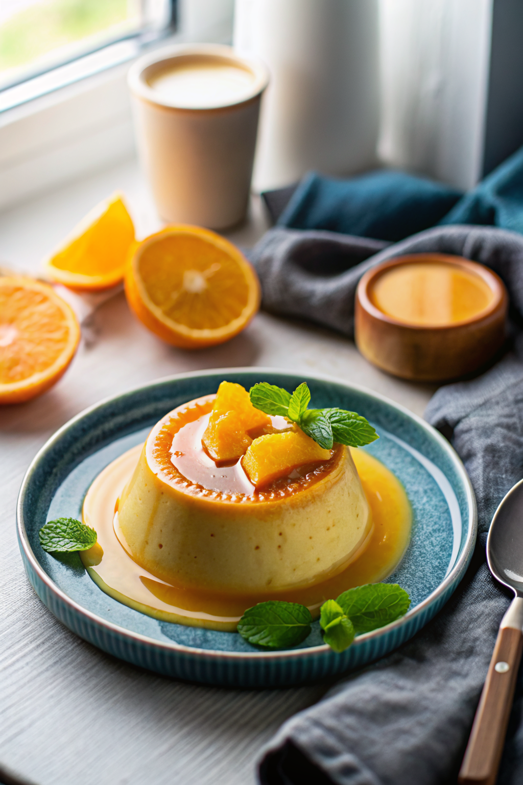 Creamy Orange Custard beautifully presented from an overhead angle