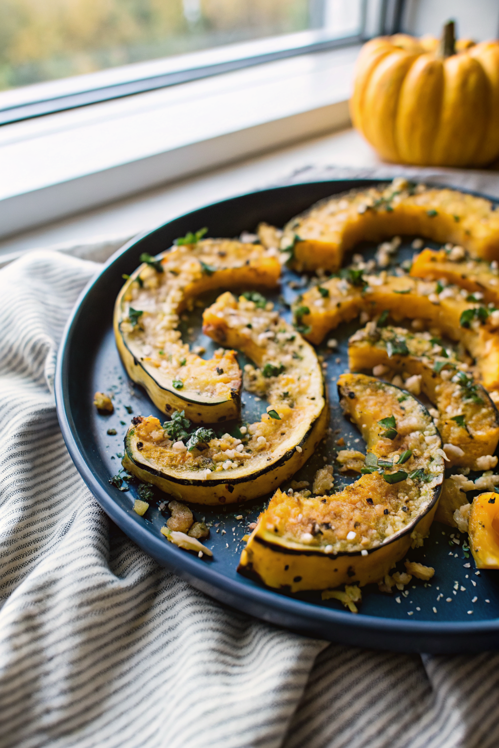 Parmesan Crusted Delicata Squash beautifully presented from an overhead angle