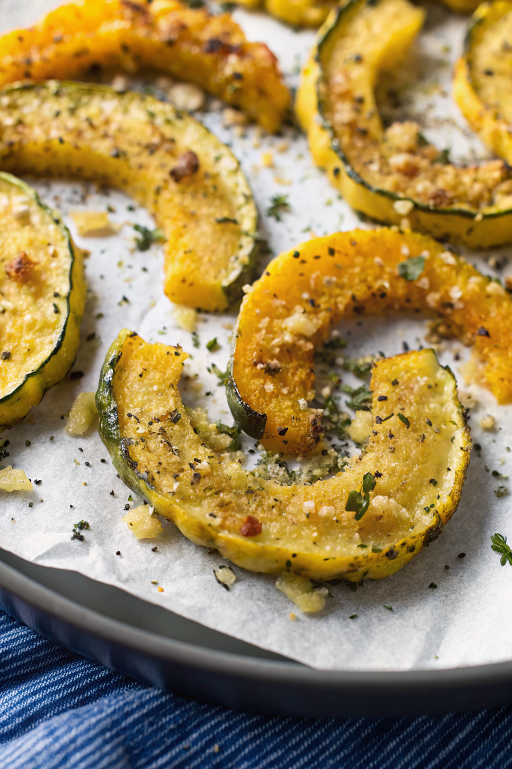 Parmesan Crusted Delicata Squash slice on plate showing perfect texture and swirl pattern