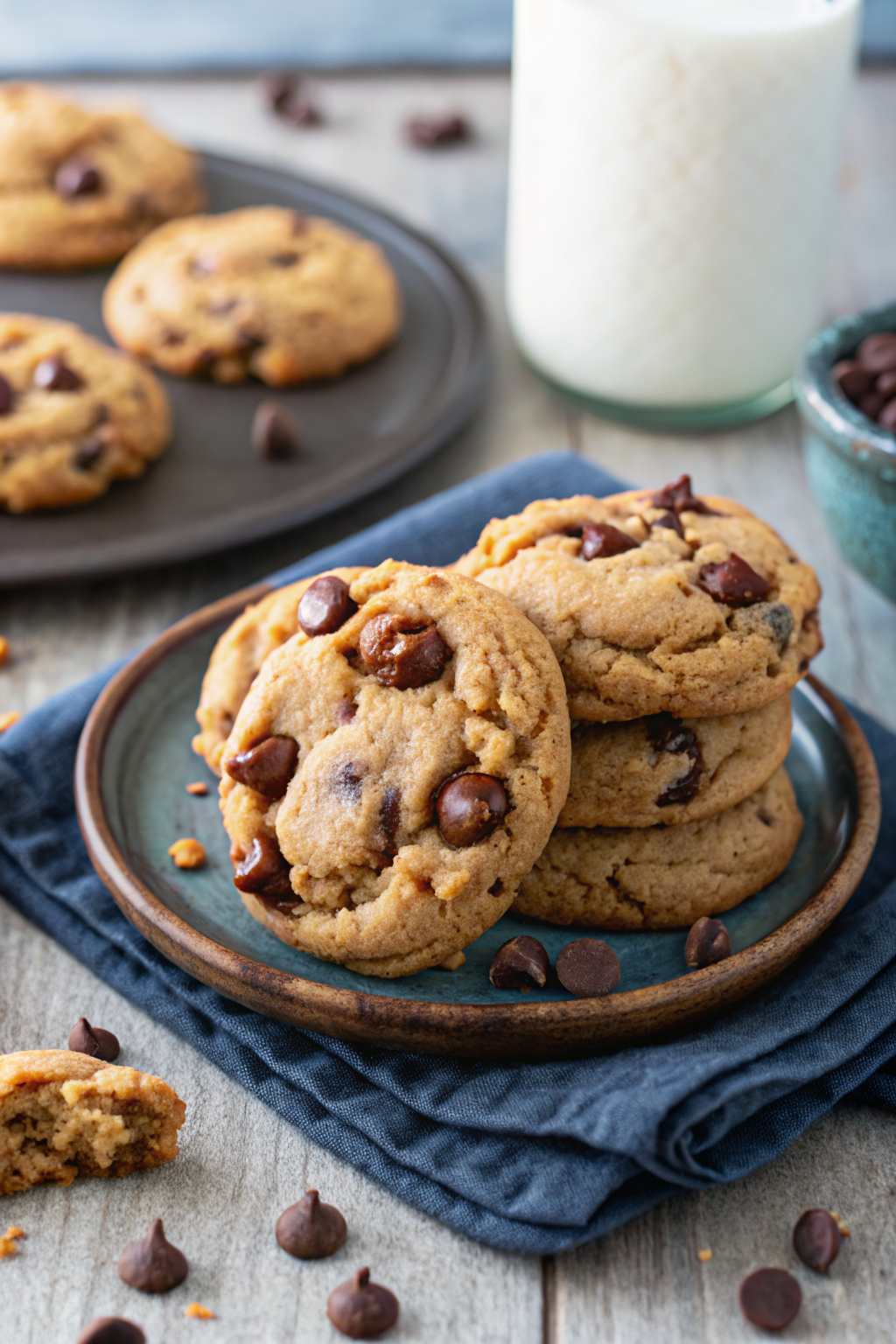 Peanut Butter Chocolate Chip Cookies beautifully presented from an overhead angle