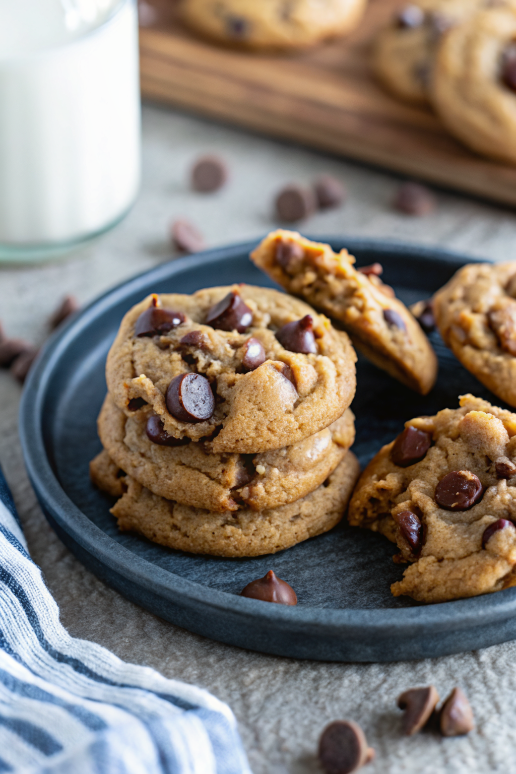 Peanut Butter Chocolate Chip Cookies slice on plate showing perfect texture and swirl pattern