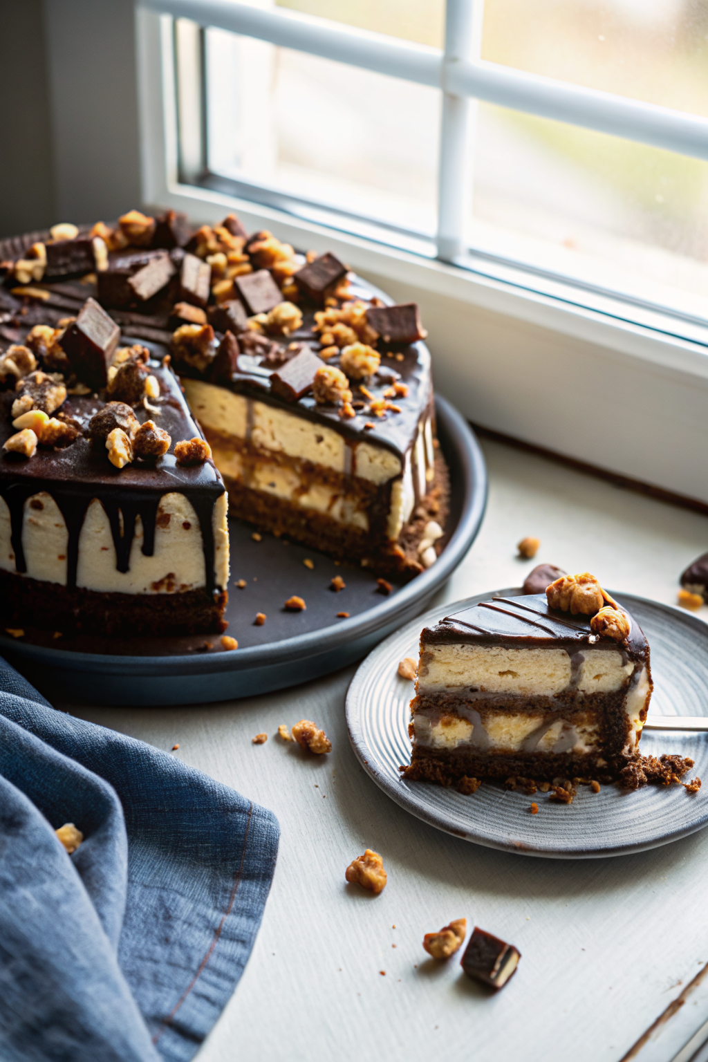 Snickers Peanut Butter Brownie Ice Cream Cake beautifully presented from an overhead angle